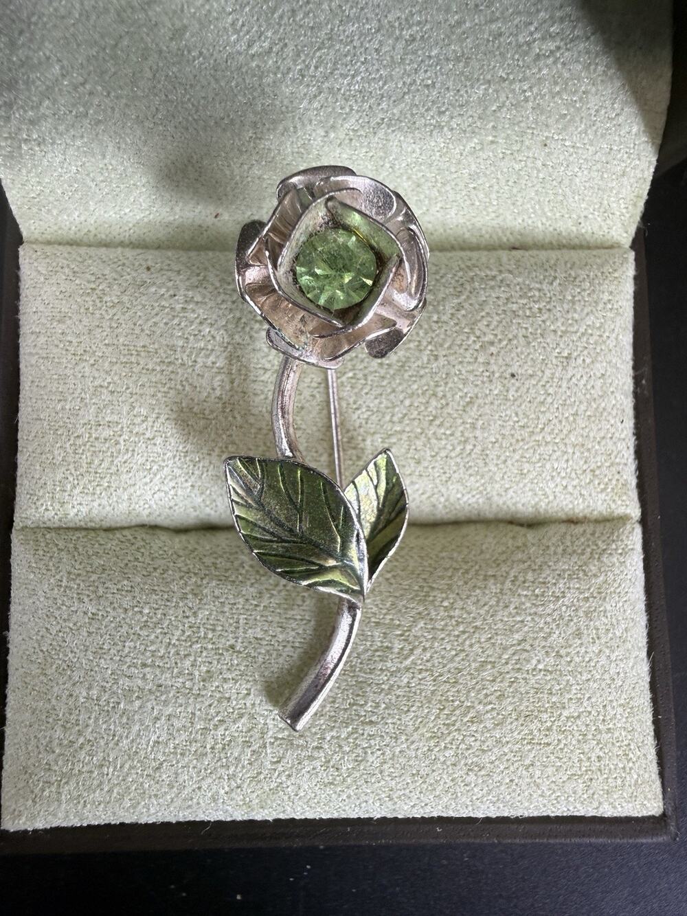 AVON Nina Ricci Silver Tone Rose Stem Flower Green Rhinestone Stone Brooch/Pin